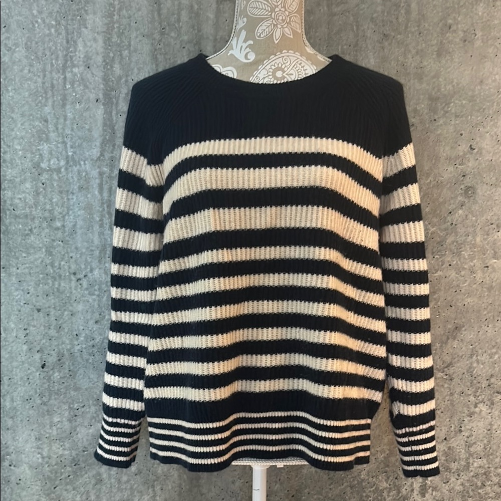 J Crew Ribbed Cashmere Oversized Striped Crewneck Navy and Cream Sweater